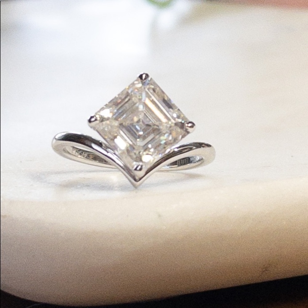 2.5ct Asscher Cut Moissanite Chevron Ring Silver Engagement Ring
